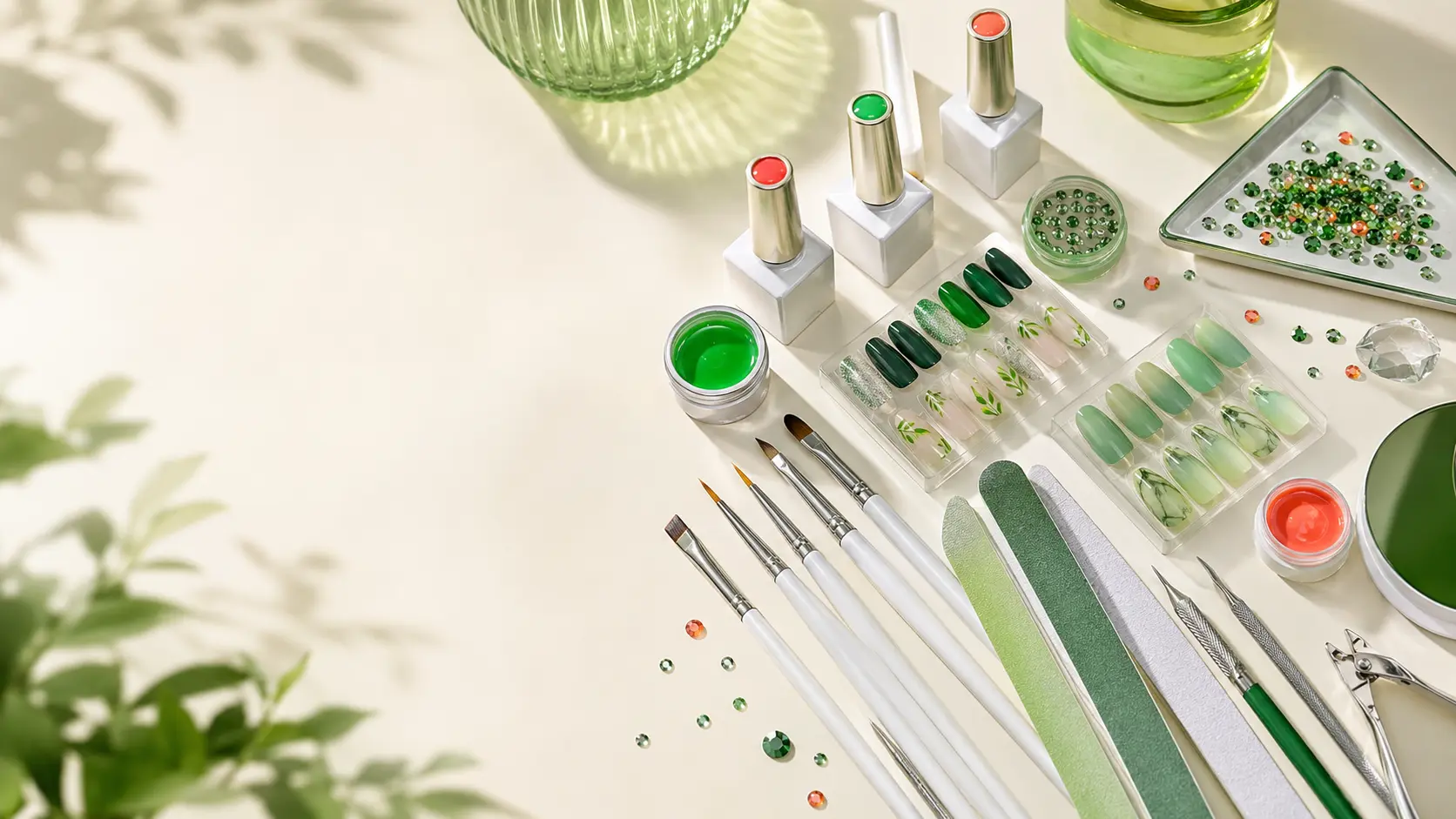Green and coral nail supplies, files, brushes, gems and decorated nail tips