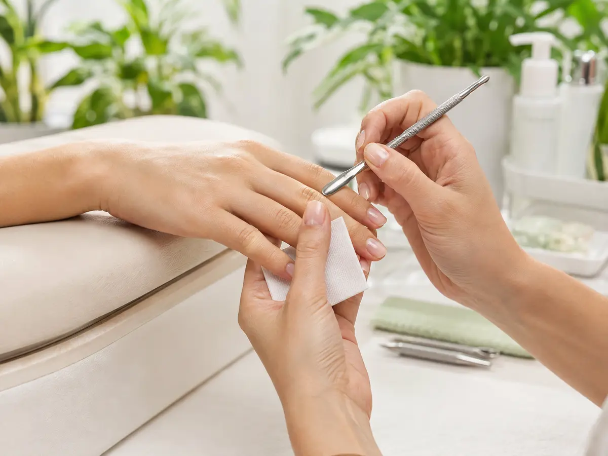 Professional performing clean and careful natural nail preparation
