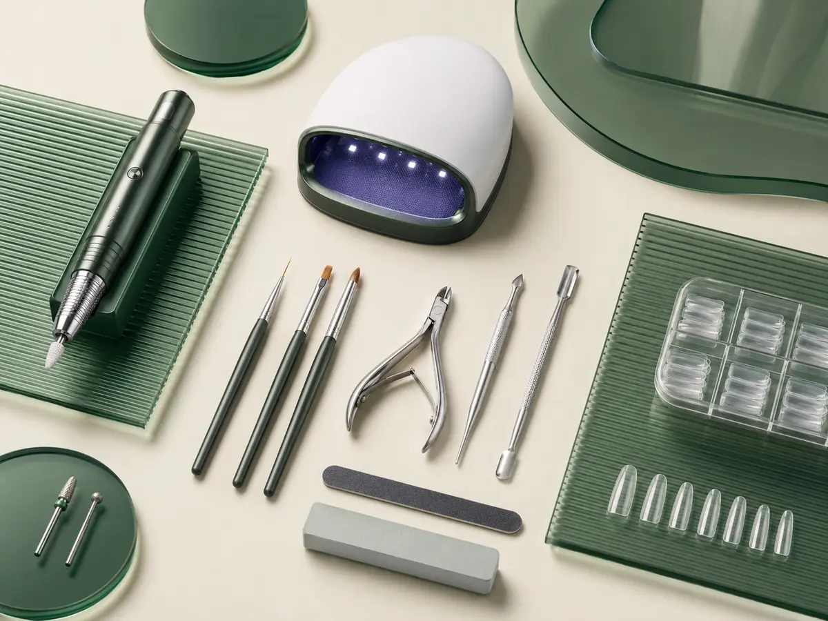 Professional nail drill, lamp, brushes, nippers, files and clear nail tips