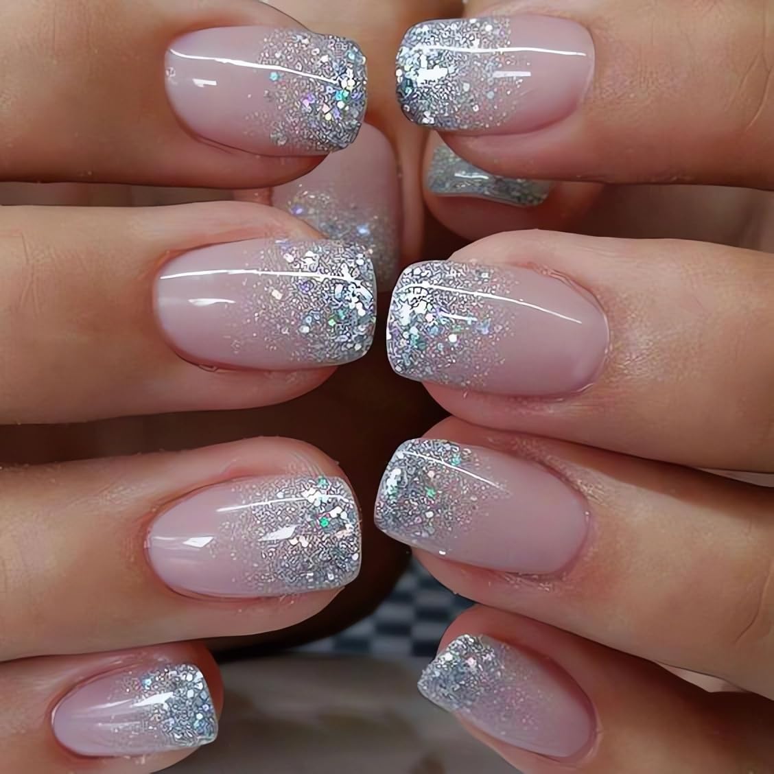 SINSEN 24Pcs Square Press on Nails Short Fake Nails Glossy Full Cover Glitter Designs False Nails French Acrylic Nails Cute Finger Manicure Decorations Artificial Nails for Women Girls