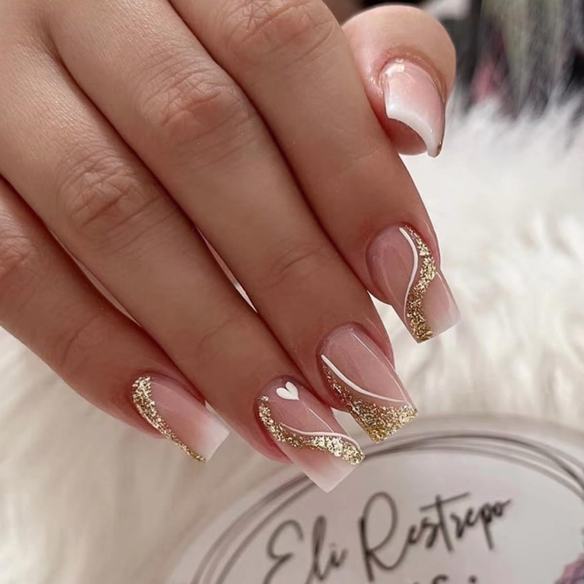 24 Pcs Nude Pink Press on Nails Medium Square – YEFIUO Glitter Fake Nails with Gold Swirl Designs Glue on Nails for Women Full Cover Glitter Sequins Acrylic Artificial False Glue on Nail for Festival