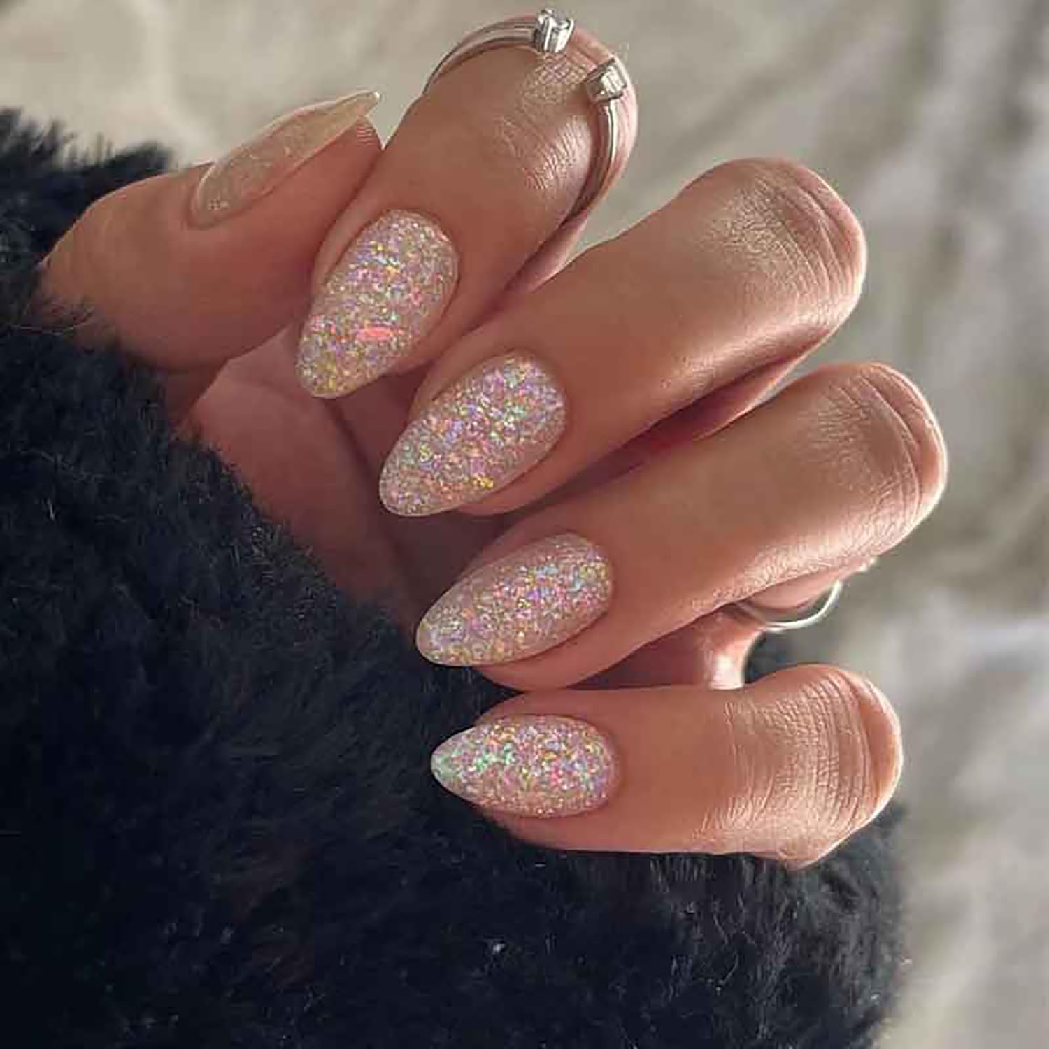 Almond Press on Nails Medium Fake Nails Glitter Press on Nails for Women with White Glitter Designs Acrylic Nails Glue on Full Cover Glue on Nails, Stick on Nails in Fake Nails Kit