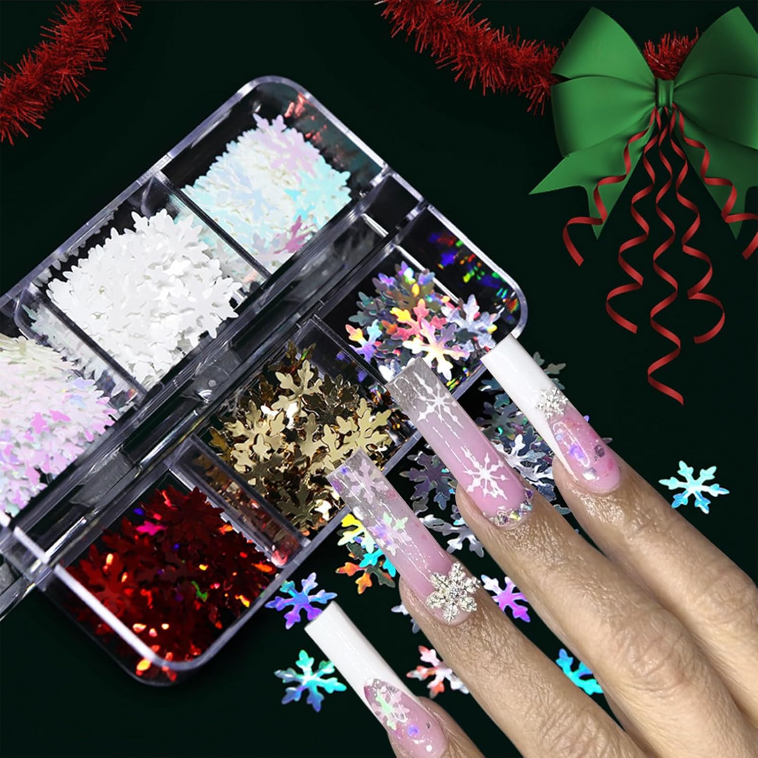 6 Grids Christmas Nail Sequins 3D Snowflake Nail Art Glitters Flakes Snowflakes Designs Nail Accessories Decorations Red Yellow Laser Nail Glitter for Women Christmas Party Snow Flakes Nail Supplies