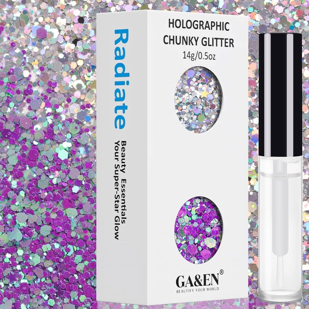 Silver and Magic Purple Holographic Chunky Glitter Cosmetic Body Hair Face Eye Nail for Festival Carnival Concert Party Beauty Rave Accessories Different Sizes&Shapes 14g+ Quick Dry Primer Glue Gel