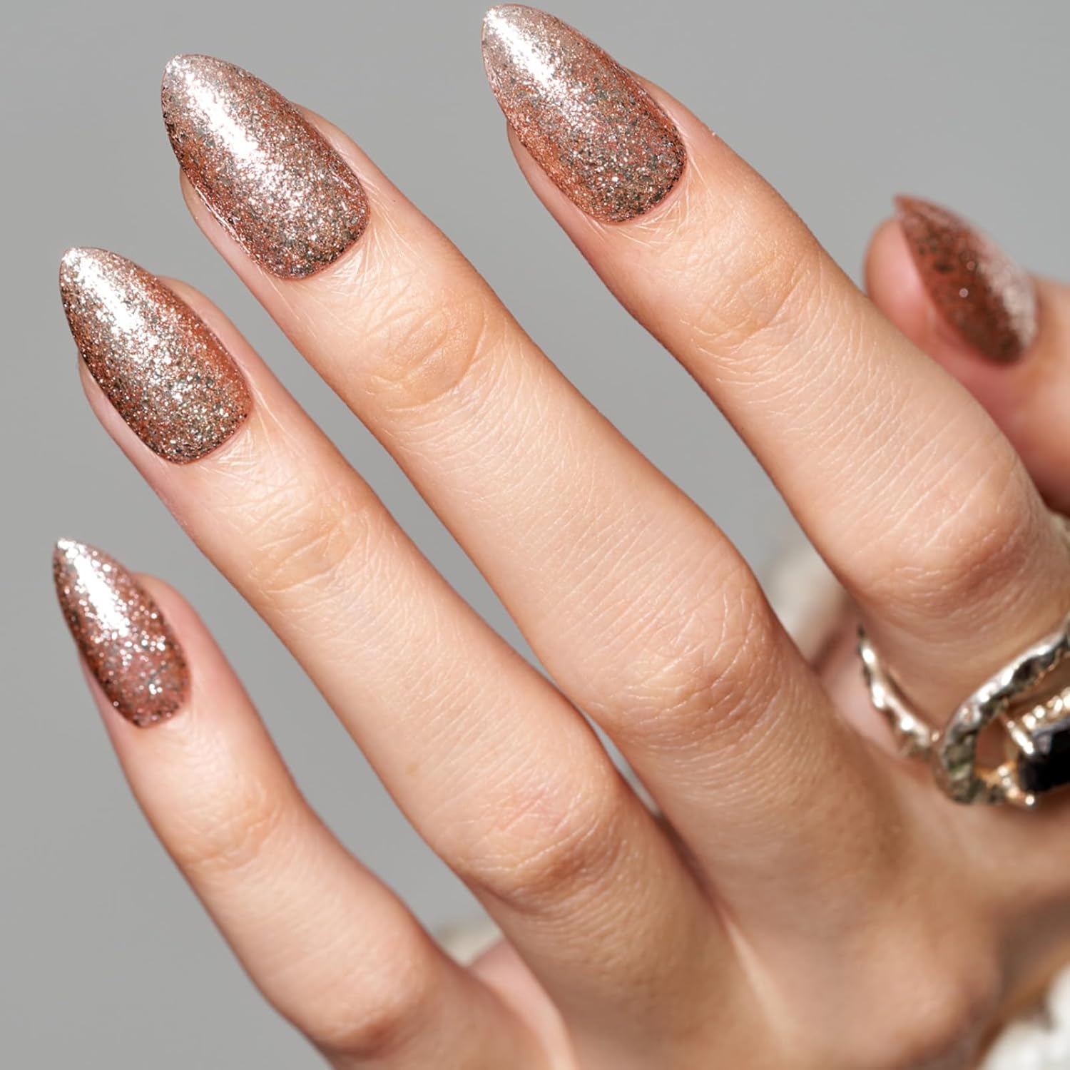 GLAMERMAID Press on Nails Short Almond, Christmas Handmade Glitter Party Golden Gel Glue on Nails, 24Pcs Glossy Short Stiletto Reusable UV Finish Fake Nails Acrylic False Nails Manicure Kits for Women