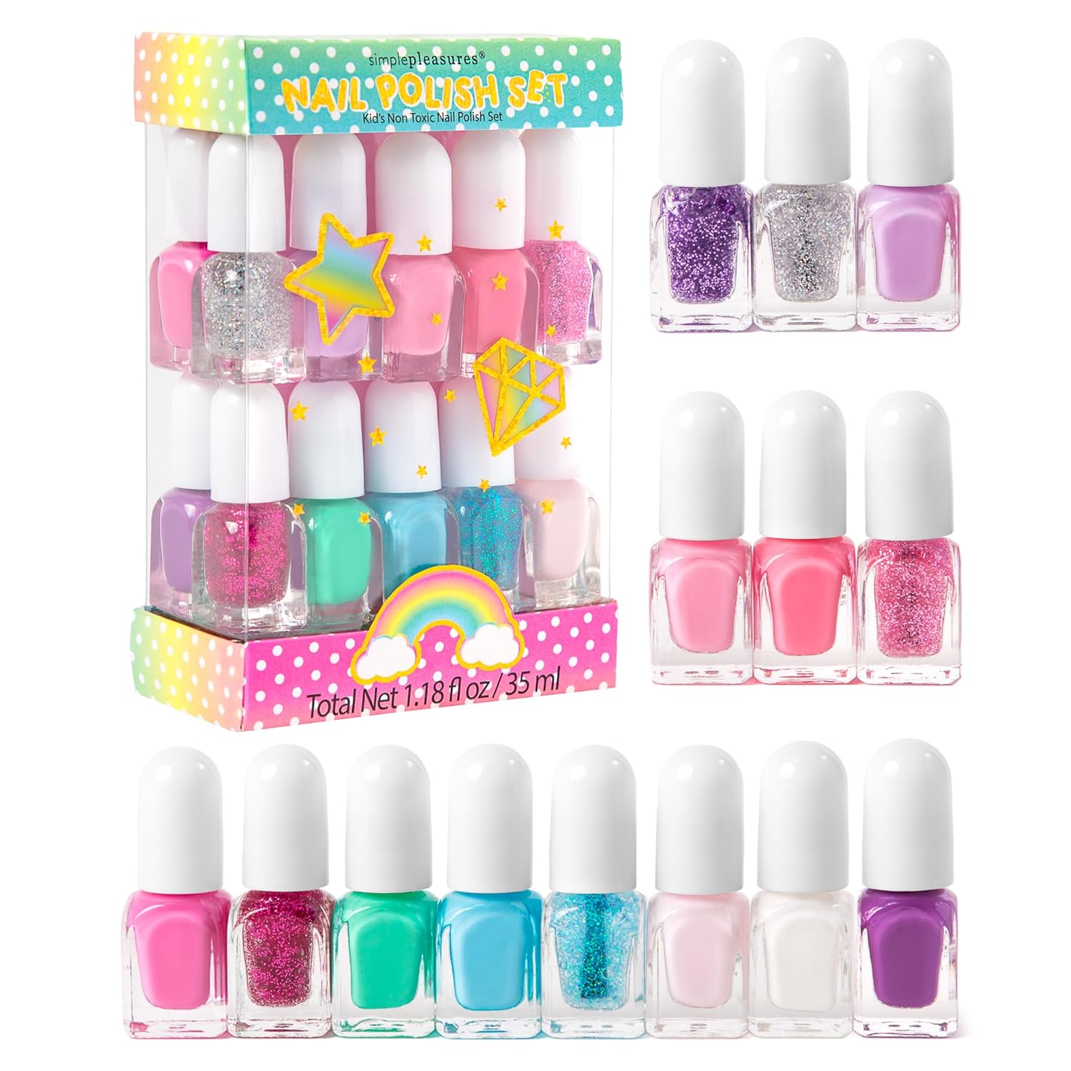 SIMPLE PLEASURES 14 Piece Nail Polish Tower – 14 Assorted Water Based Nail Polish Shades, Gift Set for Girls Ages 7-12, Unicorn Glitter Rainbow