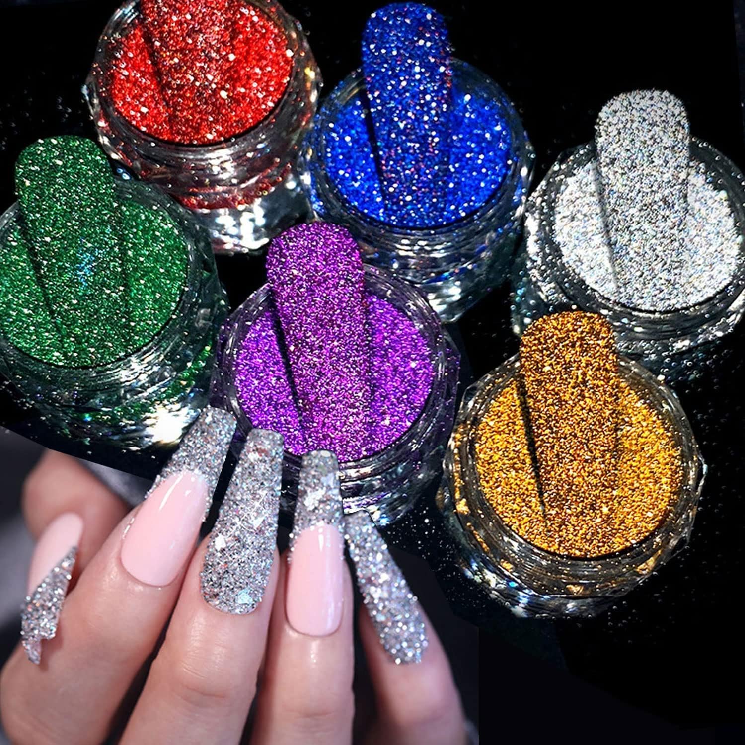 6 Color Nail Art Glitter Sparkling Diamond Nail Powder Reflective Nail Glitter Sequins for Acrylic Nails Shiny Pigment Holographic Super Bright Party Nightclub Nail Art Supplies (Reflective Glitter-1)