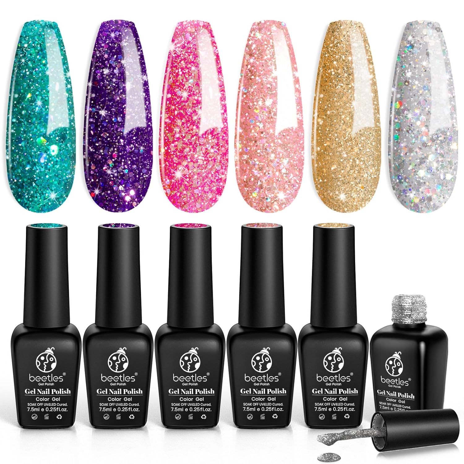 Beetles Glitter Gel Polish, 6 Pcs Pink Silver Platinum Gel Polish Kit Soak off Uv Lamp Glitter Purple Pink Green Gold Winter Glitter Nail Polish Kit Holiday Gift Pink Gel Polish Design for Party