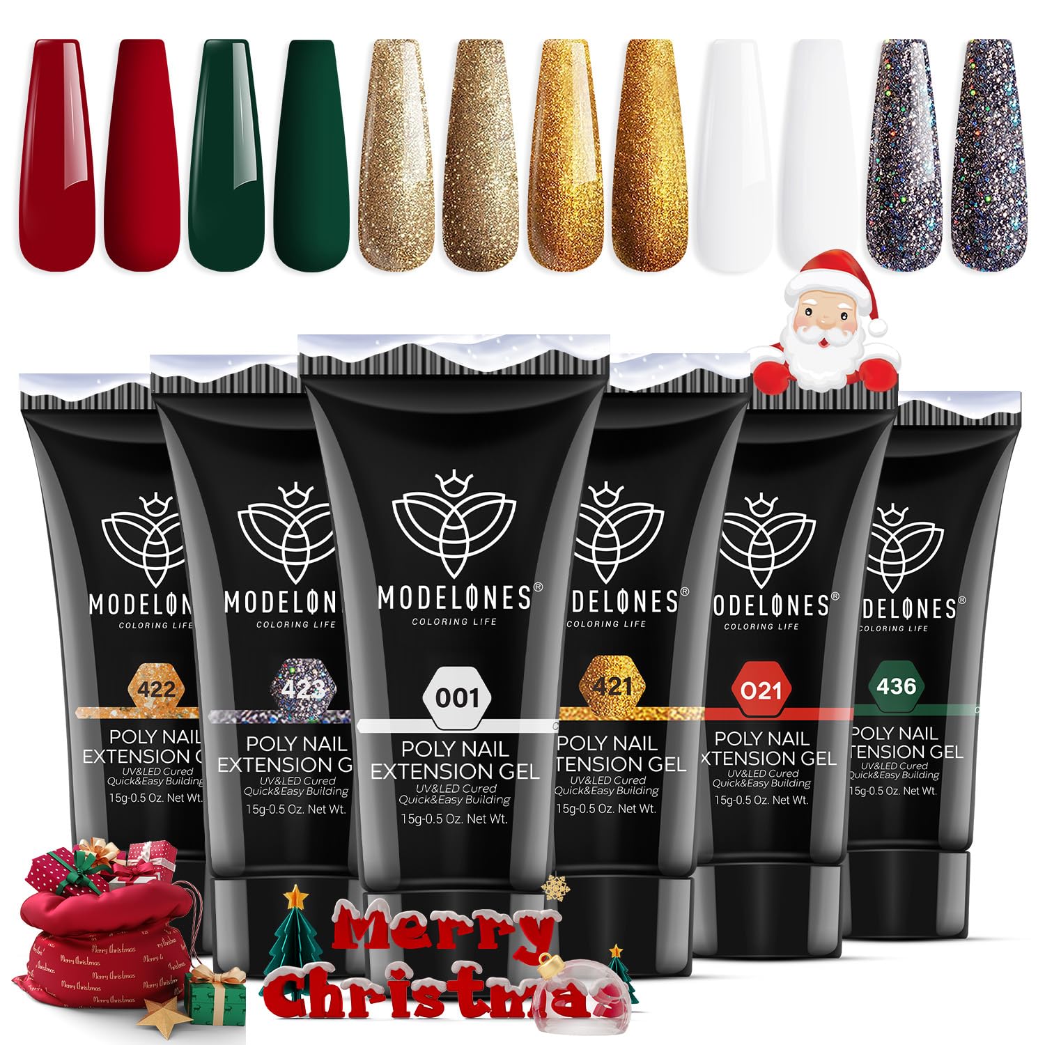 modelones Christmas Poly Gel 6 Colors Green Red Glitter Gold Silver Nail Extension Gel Set Winter Party Nail Decoration DIY Gift for Women