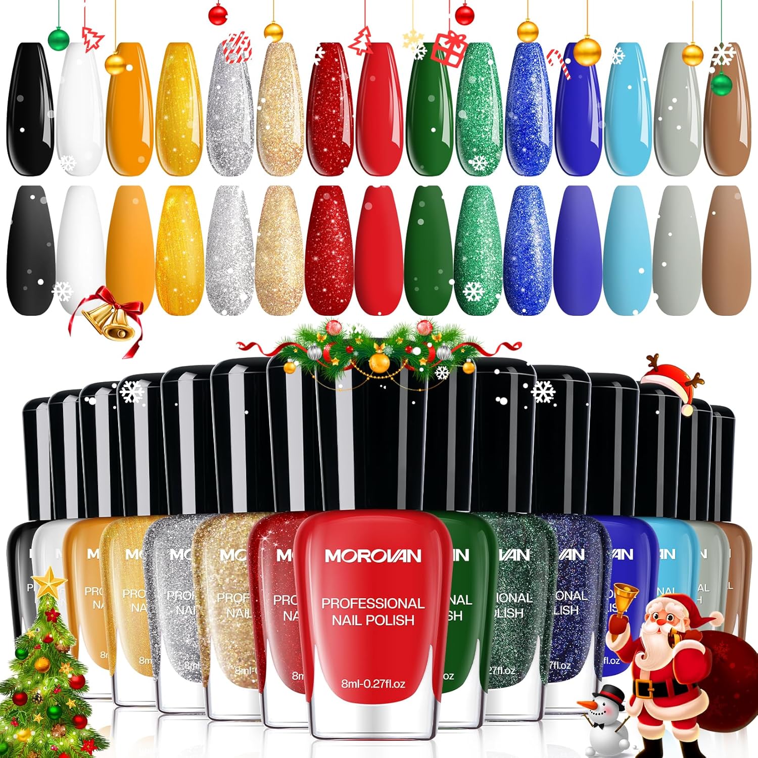 Morovan Christmas Nail Polish Set: Glitter Red Green Gold Silver Fingernail Polish Kit Regular Air Quick Dry Nail Polish Pack for Gift Holiday Party