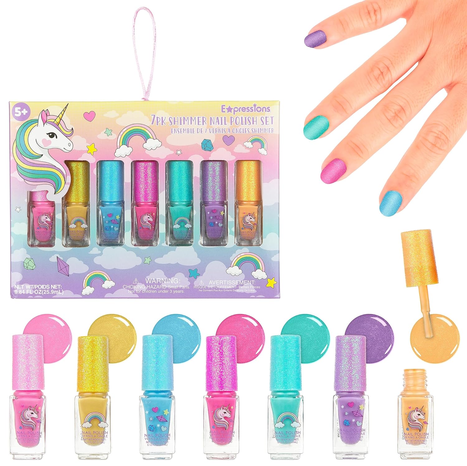 Expressions 7pc Unicorn Shimmer Nail Polish Set for Girls – Glitter Cap Shimmering Manicure Set, Safe and Non-Toxic Pedicure Kit, Quick Dry Nail Polish in Assorted Vibrant Shades